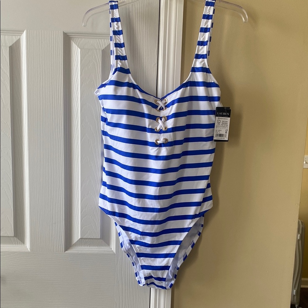 Polo by Ralph Lauren Blue and White One Piece Swimsuit Nautical Stripes